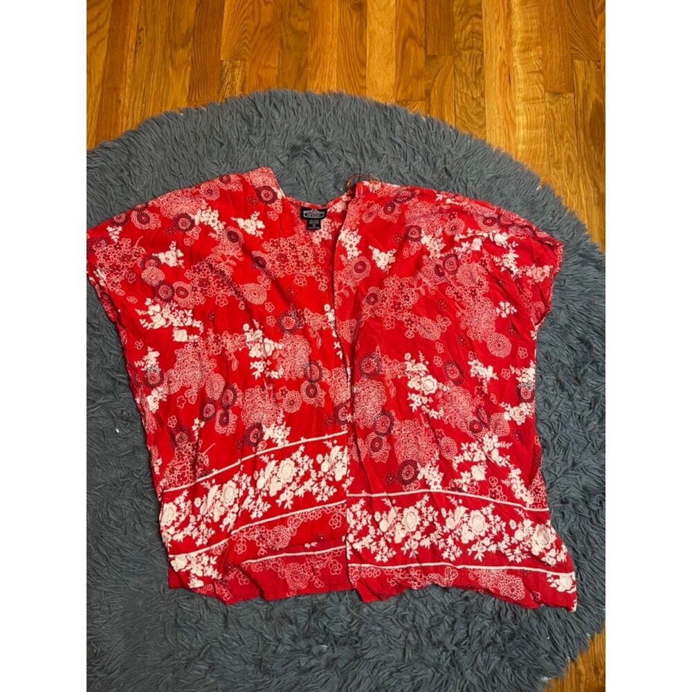 Angie Red White Floral Open Front Kimono Cardigan Size M